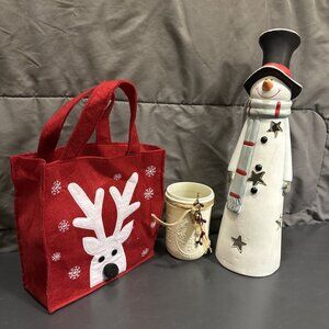 Snowman Candle Holder 15” tall Hand painted Ball Glass Felt Reindeer Gift Bag